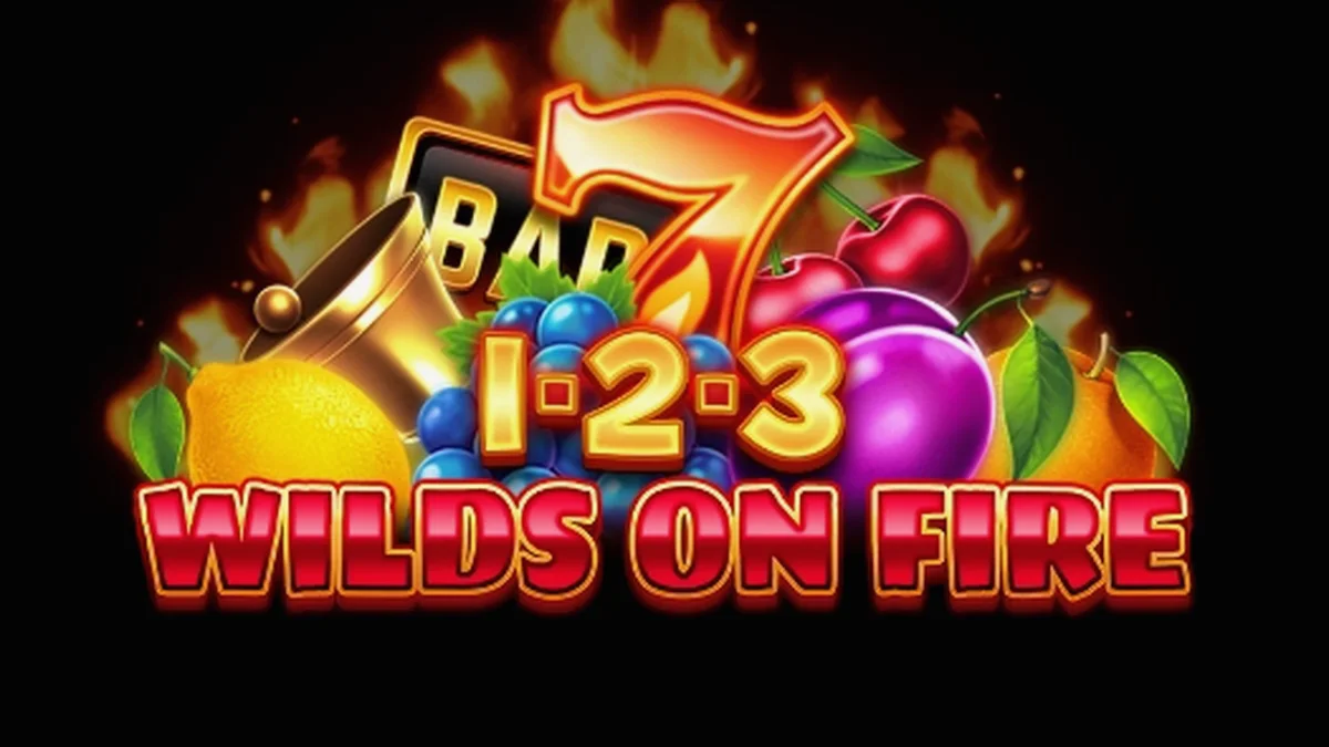 Isang visual na representasyon ng 1-2-3 Wilds on Fire slot na may mga prutas at apoy.