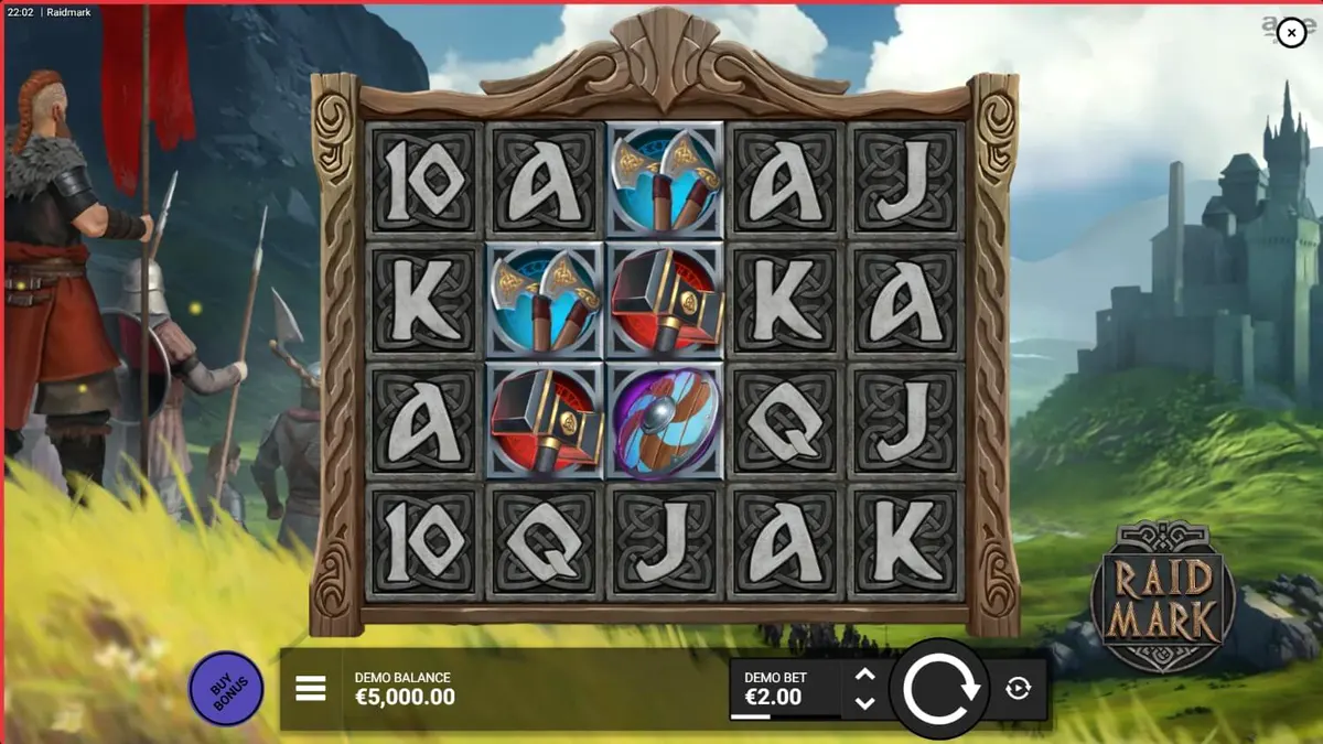 Raidmark slot game interface na nagpapakita ng mga Viking symbols at runes.