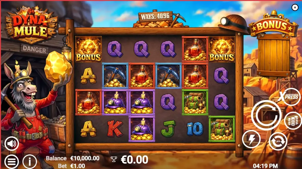 Dyna Mule slot machine interface na may mining theme at mechanical symbols